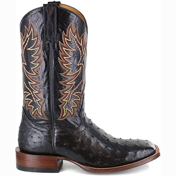 Retro Ostrich Tobacco Exotic Square Toe Western Cowboy Boots – Chyhua