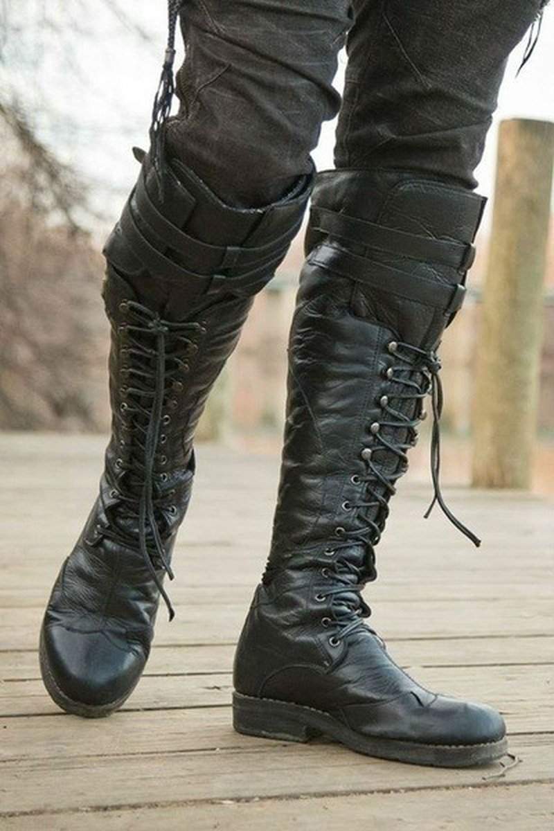 2023 Men’s Medieval Knee High Boots Cross Strap Lace Up Shoes Flat Cool ...