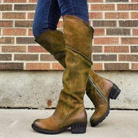 Women’s Over The Knee Western Boots Chunky Low Heel Zipper Retro Boots ...