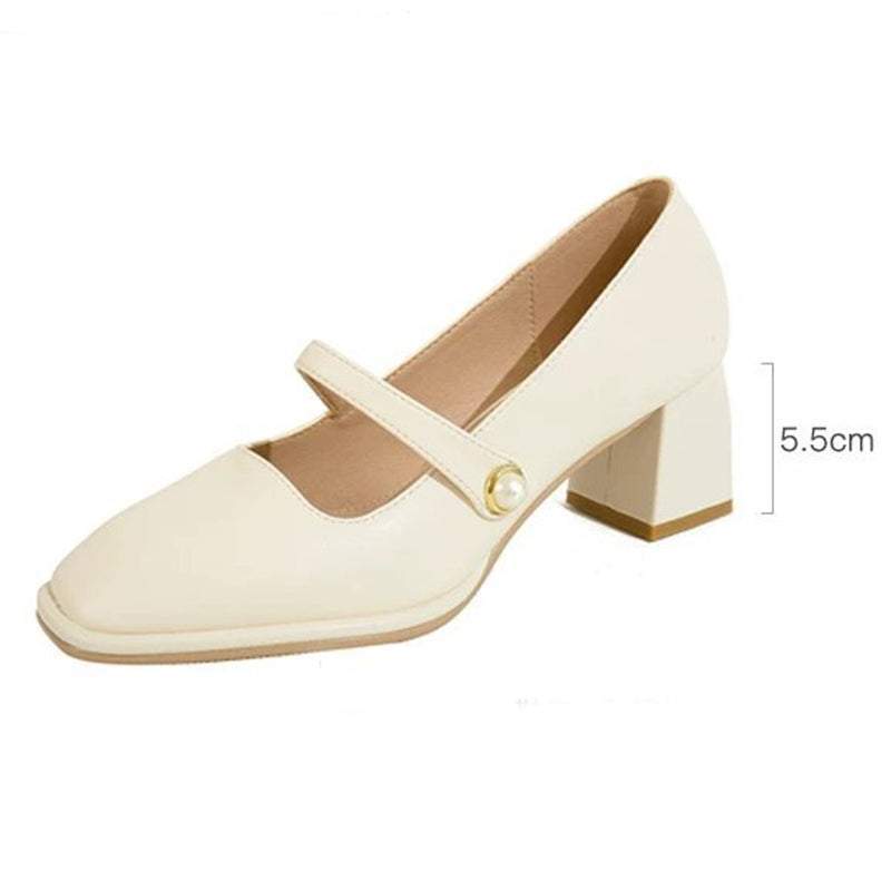 Vintage Square Toe Pearl Chunky Heels Mary Jane Shoes – Chyhua