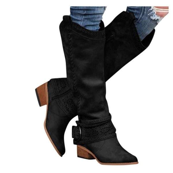 Fashion Womens Round Toe Lace Strap Buckle Chunky Heel Knee High Boots ...