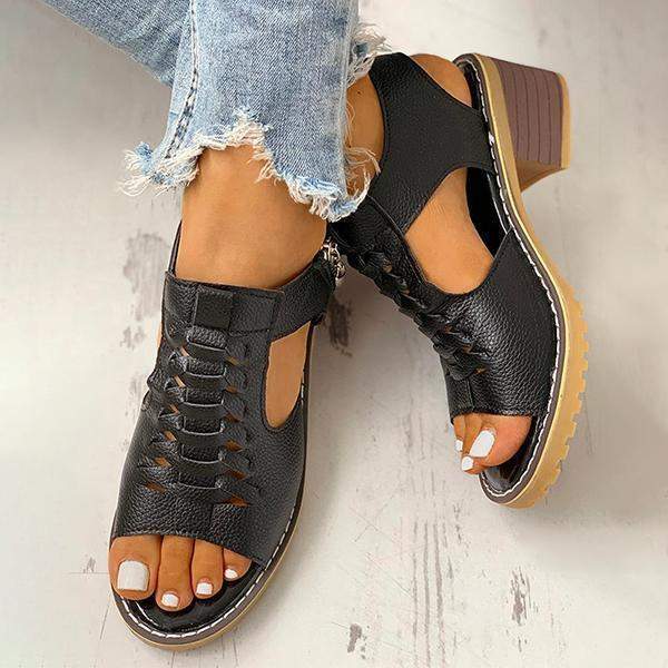 Peep Toe Cutout Zipper Chunky Heeled Sandals – Chyhua